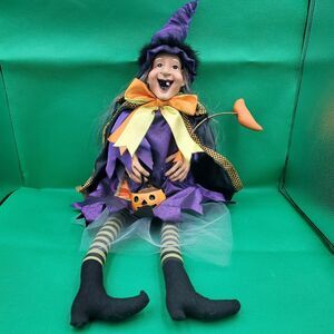 Halloween Witch Shelf Sitter Resin Purple Orange Fabric w/ Pumpkin & Moon